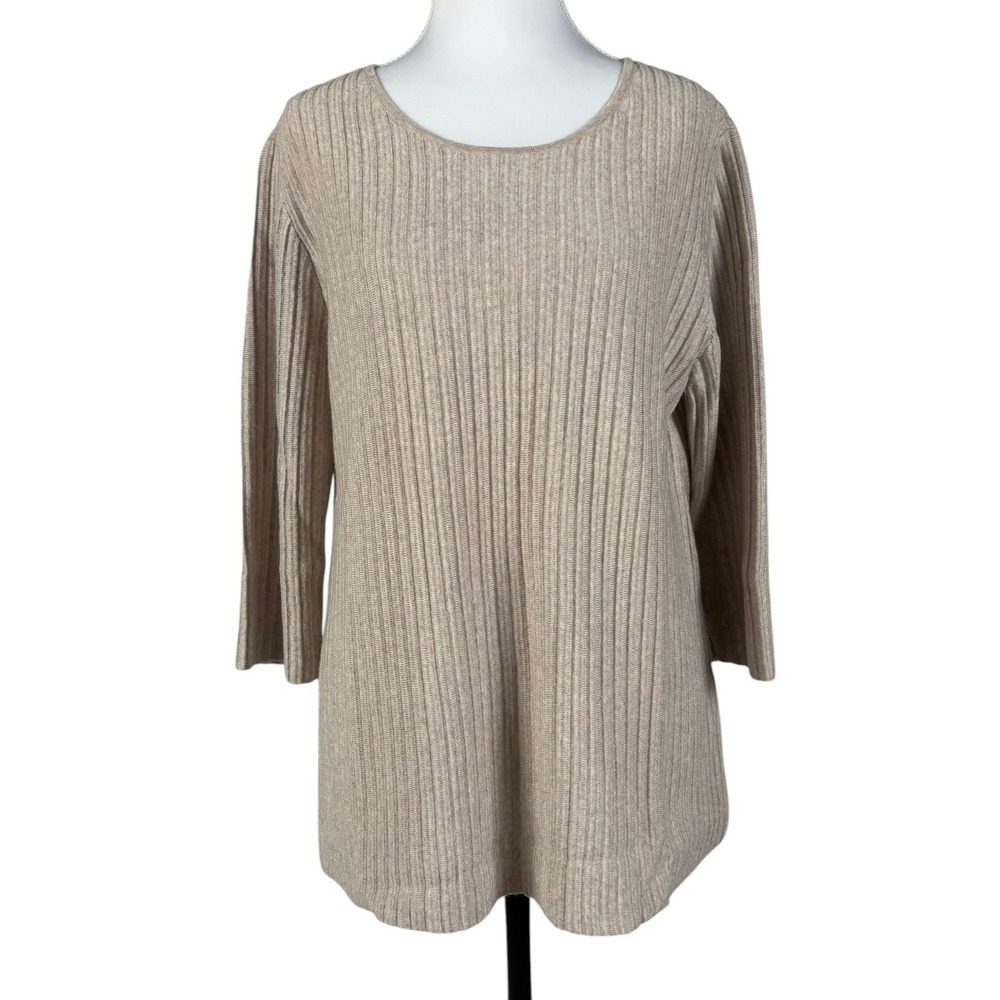 Eileen‎ Fisher 100% Merino Wool Sweater Womens M Beige Rib Knit Round Neck